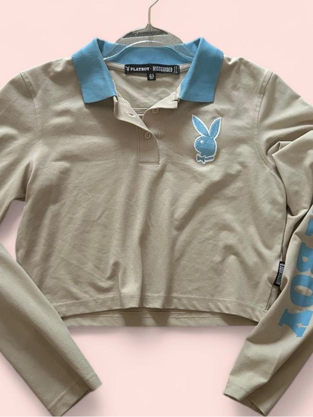 PLAYBOY Cropped Long-Sleeve Polo Top in Beige with Blue Collar